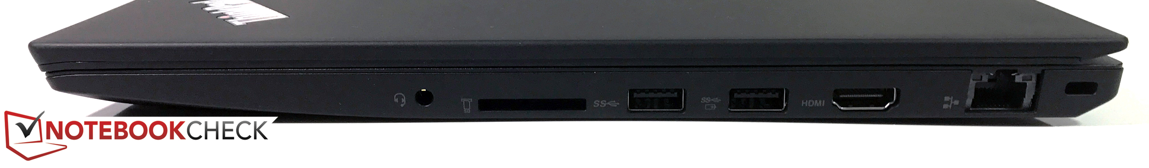 rechts: 3,5-mm-Audio, SD-Kartenleser, 2x USB 3.0 (1x Always-on), HDMI 1.4b, RJ45-LAN, Kensington Lock