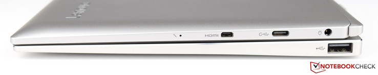 rechts: Mikrfon, Micro-HDMI, USB Typ C 3.0, Netzanschluss, USB 2.0 (Tastatur-Dock)
