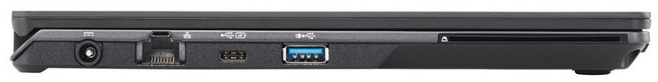 Linke Seite: Netzanschluss, Gigabit-LAN, 1x USB 3.1 Typ-C, 1x USB 3.0, Smartcard Reader