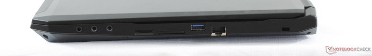 rechts: 3,5 mm Kopfhörer/SPDIF, Mic-In, Line-Out, Mini-SIM-Slot, SD-Karten-Leser, USB 3.0, Gigabit Ethernet, Kensington Lock