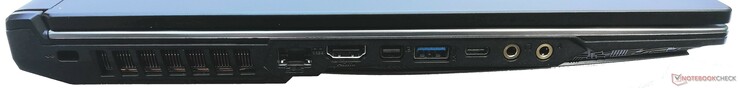 Rechte Seite: Kensington-Lock, Gigabit-LAN, HDMI, Mini-Displayport, 1x USB 3.2 Gen2 Typ-A, 1x USB 3.2 Gen2 Typ-C, 1x Kopfhörer, 1x Mikrofon