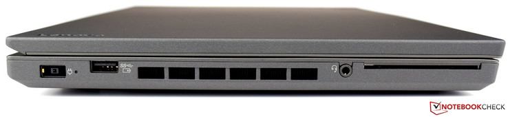 links: Netzteil, USB 3.0, Lüftungsschlitze, 3,5-mm-Audio, SmartCard-Leser