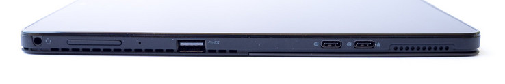 links: Kopfhöreranschluss, Lautstärkewippe, USB-3.1-Gen-1-Anschluss, 2x USB Typ-C (Display Port)