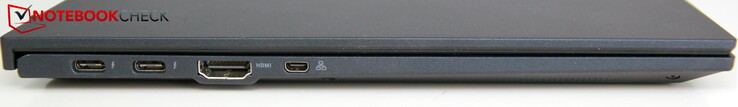 Links: 2x USB-C 3.2 Gen2 inkl. Thunderbolt 4, HDMI, microHDMI (Lan via beiliegendem Adapter von microHDMI auf RJ45)