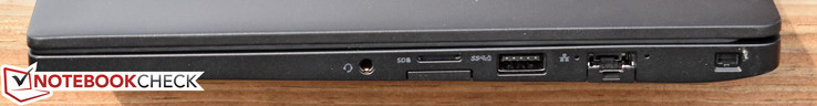 rechts: 3,5-mm-Kombibuchse, MicroSDXC, SIM-Kartenschacht, USB 3.0 powered, Gigabit Ethernet, Kensington Lock