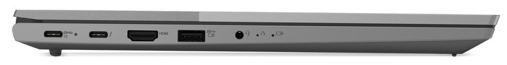 Linke Seite: 1x USB-C 3.2 Gen2 (inkl. DisplayPort und PD), 1x Thunderbolt 4, HDMI 1.4, 1x USB-A 3.0 Gen1, kombinierter Audioanschluss