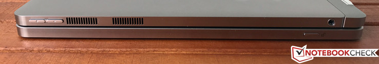 rechts: Lautstärke, Lüftungsöffnungen, 3,5-mm-Audio (Tablet), Entriegelung (Tastatur)