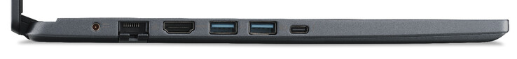 Linke Seite: Netzanschluss, Gigabit-Ethernet, HDMI, 2 x USB 3.2 Gen 1 (Typ A), Thunderbolt 4 (Typ C; Power Delivery, Displayport)