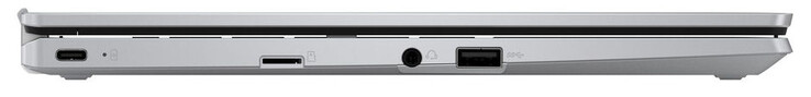Linke Seite: USB 3.2 Gen 1 (USB-C; Power Delivery, Displayport), Speicherkartenleser (MicroSD), Audiokombo, USB 3.2 Gen 1 (USB-A)