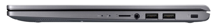 Rechte Seite: Speicherkartenleser (MicroSD, optional), Audiokombo, 2x USB 2.0 (USB-A), Steckplatz für ein Kabelschloss