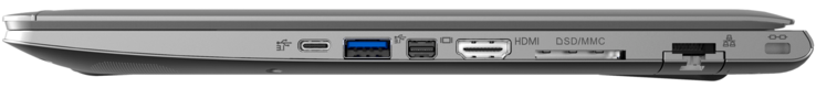 Rechte Seite: 1x Tunderbolt 3, 1x USB 3.1 Gen1, Mini Display Port, HDMI, 6-in-1-Kartenleser, LAN, Kensington-Lock