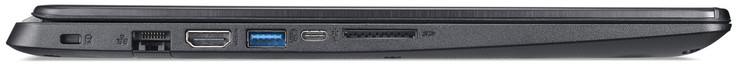 Linke Seite: Steckplatz für ein Kabelschloss, Gigabit-Ethernet, HDMI, 2x USB 3.1 Gen 1 (1x Typ A, 1x Typ C), Speicherkartenleser (SDXC)