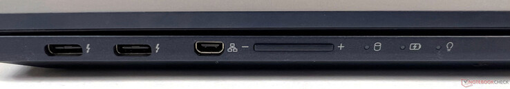 Anschlüsse links: 2x Thunderbolt 4 (40GBit/s, DisplayPort ALT-Modus 1.4, Power Delivery 3.0), 1x  Micro HDMI (für LAN)