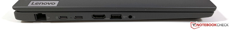 Links: Gigabit-Ethernet, 2x USB-C 3.2 Gen.2 (10 GBit/s, DisplayPort-ALT-Modus 1.4, Power Delivery), HDMI 2.0, USB-A 3.2 Gen.1 (5 GBit/s, Powered), 3,5-mm-Stereo