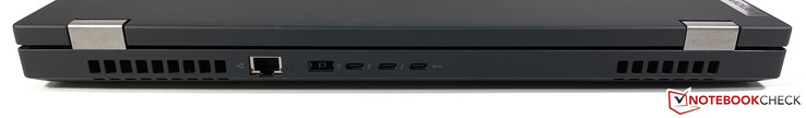 Hinten: RJ45 (2,5 GBit/s), Netzteil (SlimTip), 2x Thunderbolt 4 (40 GBit/s, DisplayPort ALT-Modus 1.4, Power Delivery 3.0), USB-C 3.2 Gen.2 (10 Gbits/s, DisplayPort ALT-Modus Netzteil 1.4, Power Delivery)