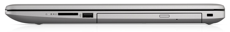 Rechte Seite (Modell mit ODD): Speicherkartenleser (SD), USB 2.0 (Typ A), optisches Laufwerk, Steckplatz für ein Kabelschloss