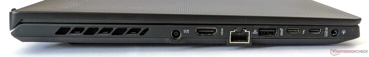 Linke Seite: Netzanschluss, HDMI 2.0b, GigabitLAN, 1x USB-A 3.2 Gen2, 1x Thunderbolt 4, 1x USB-C 3.2 Gen2 (inkl. DP 1.4 und PD 3.0), kombinierter 3,5-Klinkenanschluss