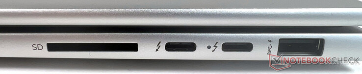 Rechts: 1x SuperSpeed USB Type-A 10 Gbit/s, 2x Thunderbolt 4 mit USB 4 Type-C 40 Gbit/s Signalrate (USB-Stromversorgung, DisplayPort 1.4, HP Sleep and Charge), 1x SD-Kartenleser