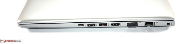 rechts: USB-3.1-Gen1-Typ-C, 2x USB-3.0-Typ-A, HDMI, VGA, RJ45-Ethernet, Ladeanschluss