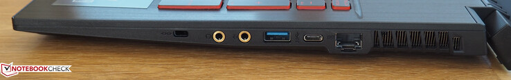 Rechte Seite: Kensington Lock, Kopfhörer, Mikrofon, USB-A 3.0, USB-C 3.0, RJ45-LAN