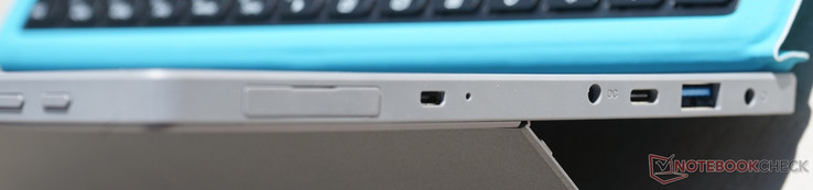 Von links nach rechts: Micro-SD (hinter Klappe), Mini-HDMI, Power, USB-C (3.0), USB-A (3.0), Headset