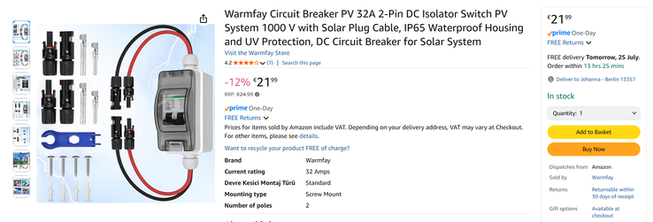 PV-Sicherungskasten ist nötig, liegt aber nicht bei und muss extra gekauft werden (Bildquelle: Screenshot Amazon)