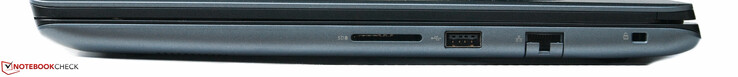 rechts: SD-Kartenlesegerät, 1 x USB-Port, 1 x Ethernetport, Noble-Sicherheitsvorkehrung