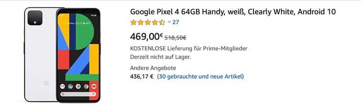 Amazon bietet das Google Pixel 4 in "Clearly White" gerade für nur 469 Euro an. (Bild: Amazon)