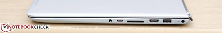 Rechts: 3,5 mm Kombi-Audio, USB 3.1 Type-C (Gen. 1), SD-Kartenleser, HDMI-Ausgang, USB 3.0, Stromadapter
