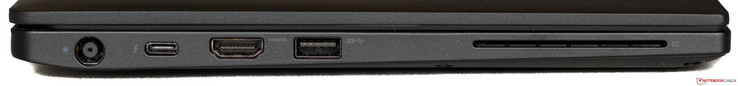 Linke Seite: Strom, USB 3.1  Gen1 Typ C mit DP, HDMI 1.4, USB 3.1 Gen1 mit Powershare, Smart Card Reader