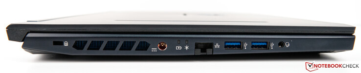 Links: Kensington Lock, Lüftungsschlitze, Netzanschluss, Ethernet, 2x USB-A 3.2, Audio-Kombo (Mic-In, Line-Out)