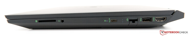 Rechts: SD-Kartenleser, 3,5-mm-Audio-Kombo, USB Type-C (5 Gbit/s inkl. DisplayPort 1.4), Gigabit RJ-45, USB 3.1 Gen. 1, HDMI 2.0