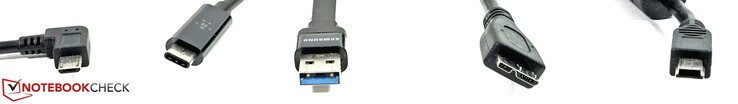 Beliebte USB-Stecker (von links nach rechts - Micro-B (klein), Typ-C, Typ-A, Micro-B (breit), Mini-USB