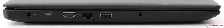 Linke Seite: Strom, USB 3.1 Typ C, HDMI 1.4, Ethernet (ausklappbar), USB 3.0, Kopfhörer/Mikro