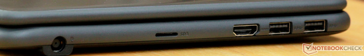 Links: Ladeanschluss, microSD-Kartenleser, HDMI, 2x USB 3.0