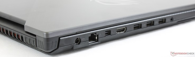 Links: Stromanschluss, Gigabit RJ-45, mDP 1.2, HDMI 2.0, 3x USB 3.1 Typ-A, 3,5 mm Audio