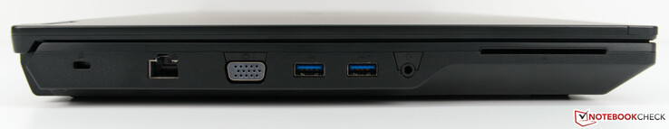 Links: Kensington Lock, VGA, 2x USB 3.0 Typ-A, 3,5-mm-Kombo-Audio, Smartkarten-Lesegerät