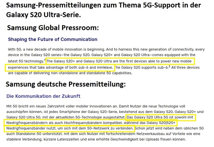 Falsche Angaben in der deutschen Galaxy S20-Pressemitteilung vom 11.02.2020, mittlerweile von Samsung gelöscht.