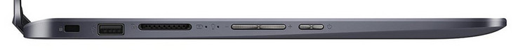 Linke Seite: Steckplatz für ein Kabelschloss, USB 2.0 (Typ A), Speicherkartenleser (SD), Lautstärkewippe, Einschaltknopf