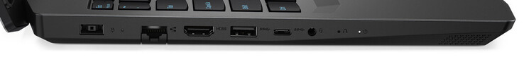 Linke Seite: Netzanschluss, Gigabit-Ethernet, HDMI, 2x USB 3.2 Gen 1 (1x Typ A, 1x Typ C), Audiokombo