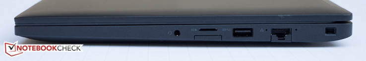 Rechte Seite: 3,5 mm Audio In/Out, MicroSDXC Slot, SIM-Card Slot, USB 3,0, RJ45, Nobel Wedge