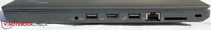 Links: Headset, USB 3 Typ A, HDMI, USB 3 Typ A Powershare, RJ45/LAN, SD-Reader, Kensington