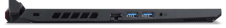 Linke Seite: Steckplatz für ein Kabelschloss, Gigabit-Ethernet, 2x USB 3.2 Gen 1 (Typ A), Audiokombo