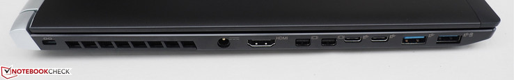 Linke Seite: Kensington Lock, DC-in, HDMI 2.0, 2x Mini-DisplayPort 1.4, 2x USB-C 3.1 Gen2, 2x USB-A 3.0