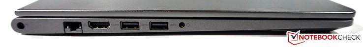 Linke Seite: Netzanschluss, LAN, HDMI, 1x USB 3.0 mit PowerShare, 1x USB 3.0, kombinierter Audioanschluss