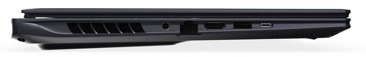 Linke Seite: Netzanschluss, Gigabit-Ethernet, HDMI, USB 3.2 Gen 2 (USB-A), Thunderbolt 4 (USB-C; Power Delivery, Displayport)