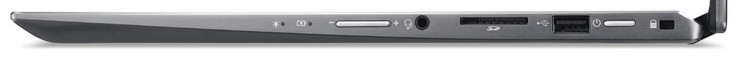 rechte Seite: Lautstärkewippe, Audiokombo, Speicherkartenleser (SD), USB 2.0 (Typ A), Einschaltknopf, Steckplatz für ein Kabelschloss