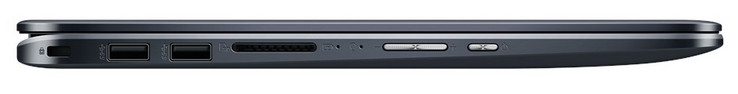 Linke Seite: Steckplatz für ein Kabelschloss, 2x USB 2.0 (Typ A), Speicherkartenleser, Lautstärkewippe, Einschaltknopf