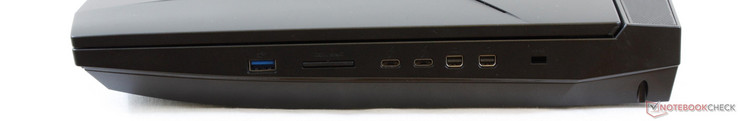 rechts: USB 3.0, SD-Kartenlesegerät, 2x USB 3.1 Type-C mit Thunderbolt 3, 2x Mini-DisplayPort 1.3, Kensington Lock