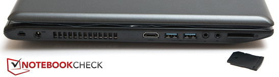Linke Seite: Kensington Lock, Netzanschluss, HDMI, 2x USB 3.0, 2x Audio, Kartenleser